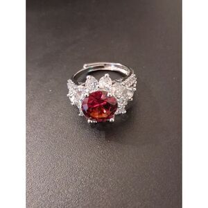 White GP Red Gemstone Ring With Cubic Zirconias Size 8 Adjustable New